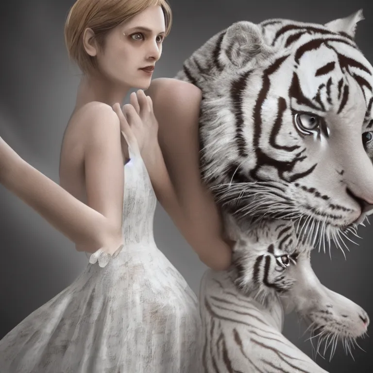 Image similar to hight focus of a wonderful realistic focused sweet wonderful symmetrical mid portrait of a lonely woman with a detailed majestic, large, semi transparent cream cotton dress who is wrestling with a realistic white tiger, dramatic light, octane render - 8 k