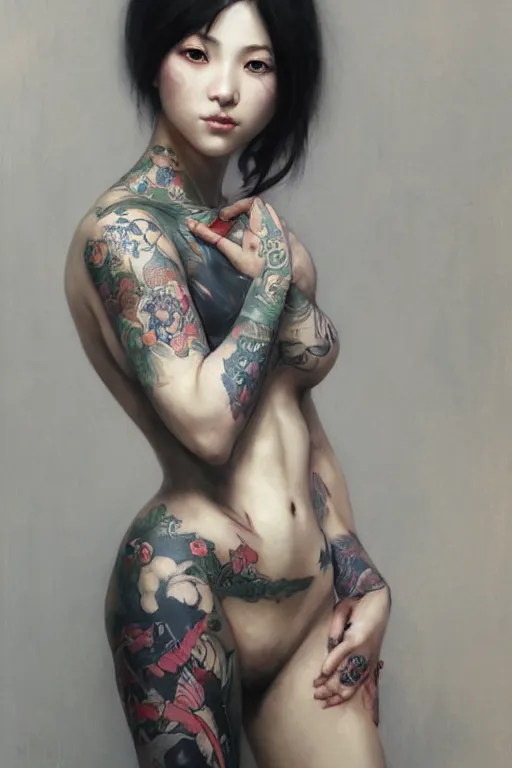 Prompt: portrait of yakuza girl with tattoo, highly detailed, digital art from artstation by Ruan Jia and Mandy Jurgens and Artgerm and william-adolphe bouguereau