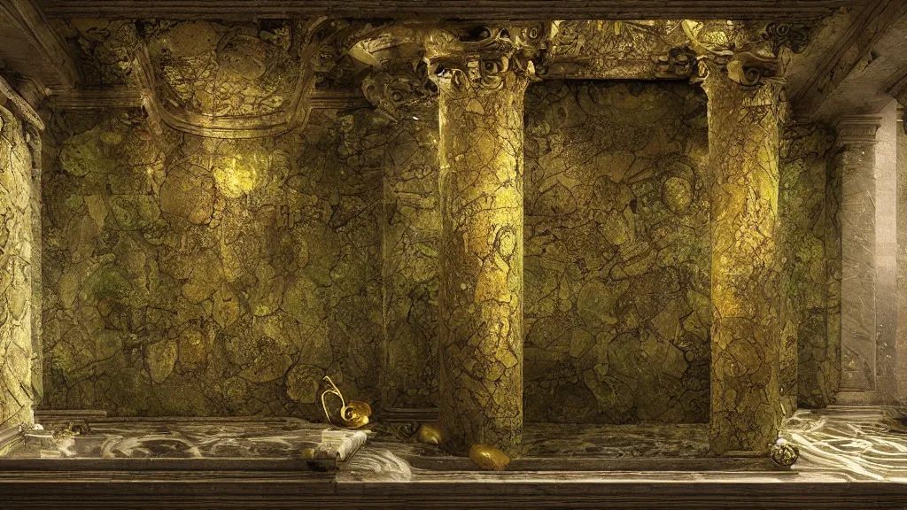 Image similar to roman bath, marblefloor with gold pattern, golden snakes, mossy pillar, ruin, godrays, fog, waterfall, cgsociety,