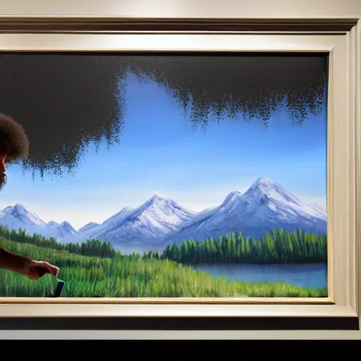 Image similar to a closeup photorealistic photograph of bob ross polishing a canvas painting of kenny powers. mountains and trees. film still. brightly lit scene. this 4 k hd image is trending on artstation, featured on behance, well - rendered, extra crisp, features intricate detail, epic composition and the style of unreal engine.