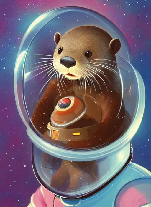 Image similar to a portrait of a cute otter with a space helmet, swimming through a beautiful galaxy!!!, detailed, artstation, art by miyazaki and rhads