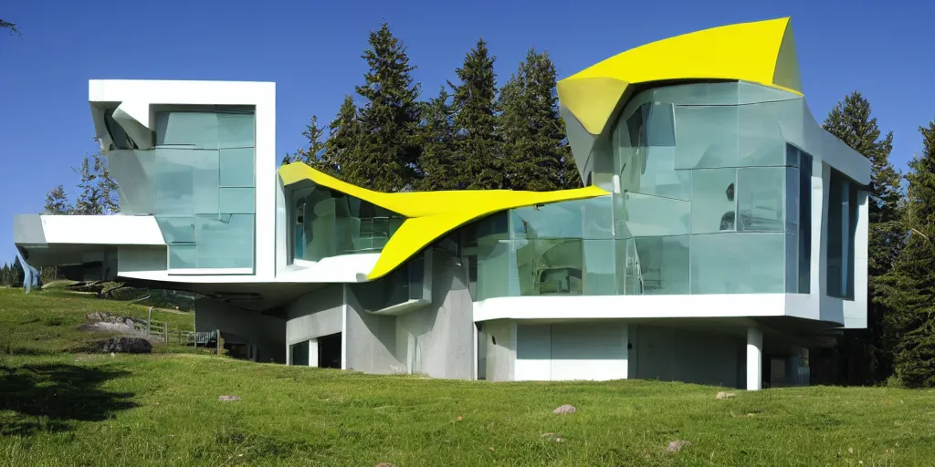 Prompt: large futuristic residence, cascadian, white concrete, large blue and green windows, yellow and green metal, triangular elements