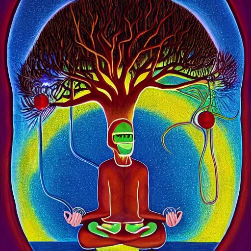 Image similar to A painting of mr mackey from south park meditating under a tree designed by flooko, alex grey,