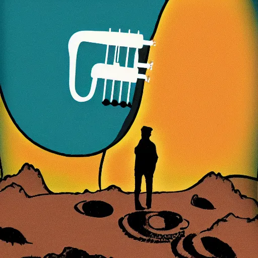 Prompt: a killer acid illustration of a dingo trumpet player standing alone on a hill near the river, filling the sky with music