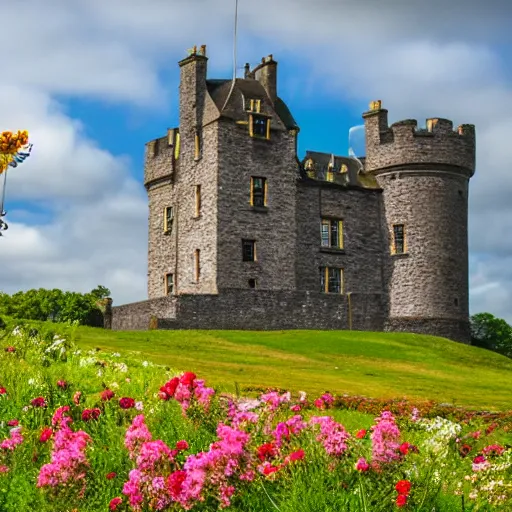 Image similar to a lovely scottish castle in a wide field, surrounded by flowers warm lighting