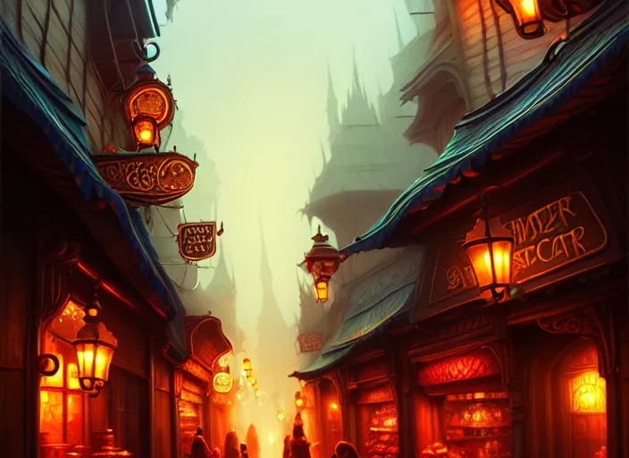 Image similar to a highly detailed bazaar street in the great city of waterdeep, amazing d & d digital painting by anato finnstark, brom digital art, intricate details, ultra realistic, beautiful art, volumetric lighting, ultrarealistic, by art germ, by brom, trending cgsociety, artstation, faerun theme, 8 k
