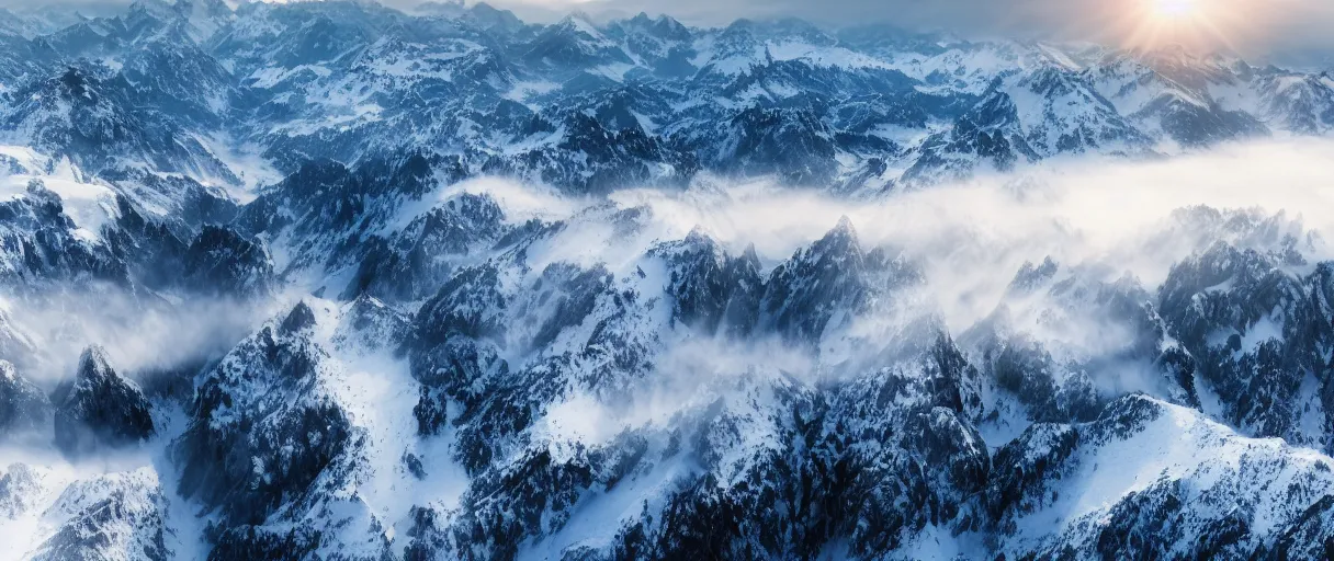 Image similar to a photorealistic breathtaking aerial view of the eastern snow covered alps mountain range at sunrise, cliffs, volumetric light, haze, fog, snow, hyperrealism, rock edge, highly detailed, intricate, cinematic, front facing camera, cinematic, epic lighting, 8 k