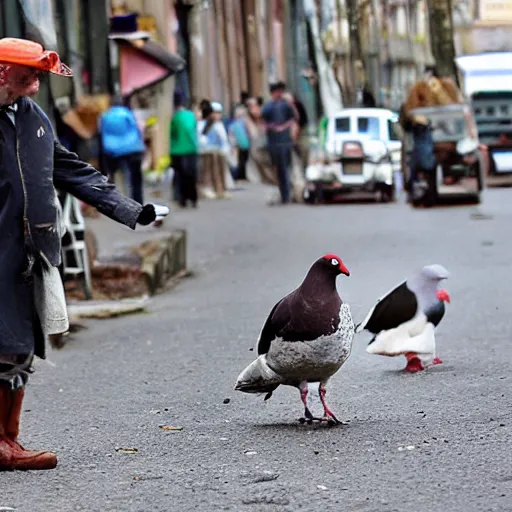 Prompt: cow pigeon man