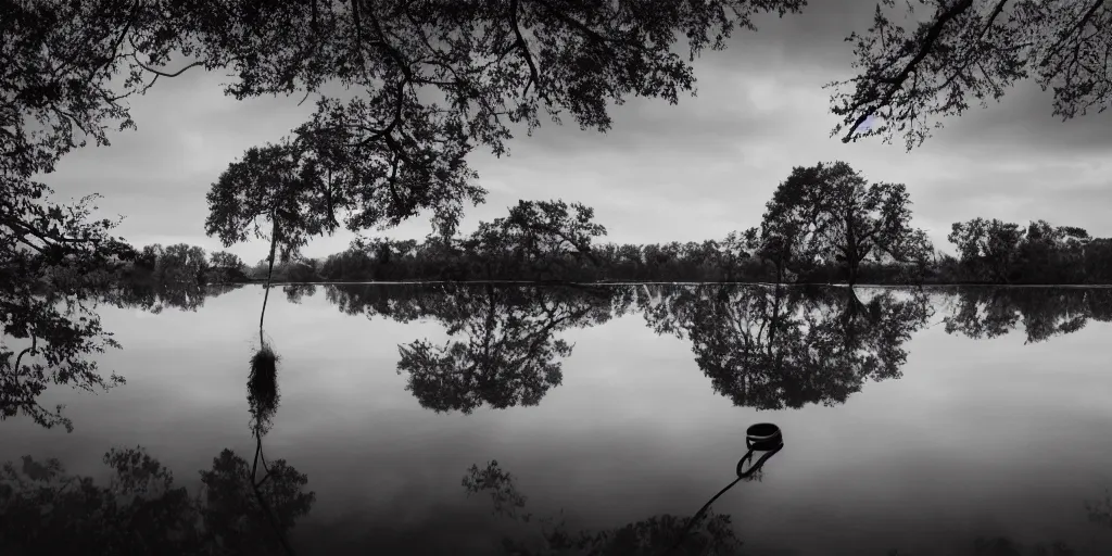 Prompt: centered photograph of a long rope snaking across the surface of the water, floating submerged rope stretching out towards the center of the lake, a dark lake on a cloudy day, mood, trees in the background, hyperedetailed photo, anamorphic lens