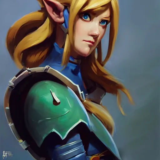 Image similar to greg manchess portrait painting of partially armored female link from legend of zelda as overwatch character, medium shot, asymmetrical, profile picture, organic painting, sunny day, matte painting, bold shapes, hard edges, street art, trending on artstation, by huang guangjian and gil elvgren and sachin teng