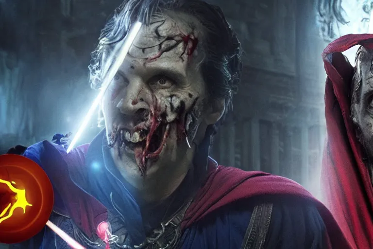 Prompt: film still of zombie zombie doctor strange as a zombie in new avengers movie, 4k