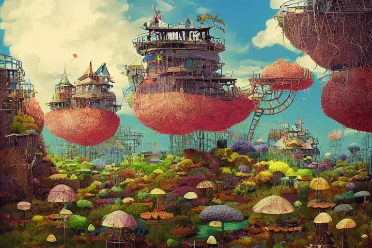 Image similar to surreal onsen kingdom, floating island in the sky, waterpipes in the ground, summer morning, very coherent and colorful high contrast, art by!!!! gediminas pranckevicius!!!!, geof darrow, dark shadows, hard lighting