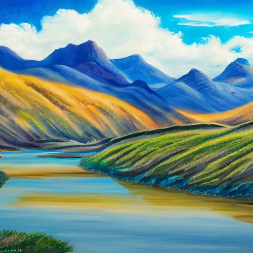 Prompt: painting of an ultrarealistic alien landscape with a river which zigzags, and mountains in the background. the weather is nice, there are many fluffy clouds, 8 k