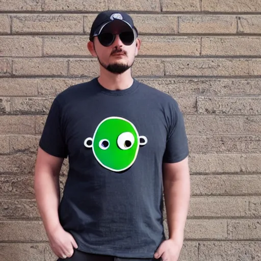 Prompt: a man wearing a t shirt with a picture of clippy that says'bet long on short timelines'