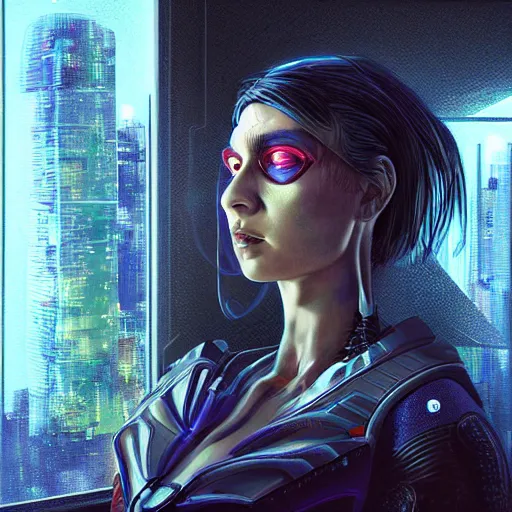 Image similar to portrait of cyberpunk woman looking out of a window, cyberpunk setting, futuristic, highly detailed, intricate lighting, digital painting, sharp focus, illustration, trending on artstation, art by steve argyle.