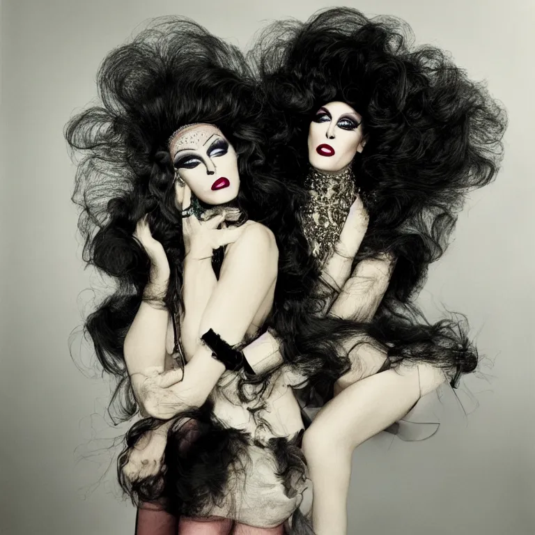 Image similar to Portrait of a glamorous gay drag queen smirking in heavy makeup and a big wig by Annie Leibovitz