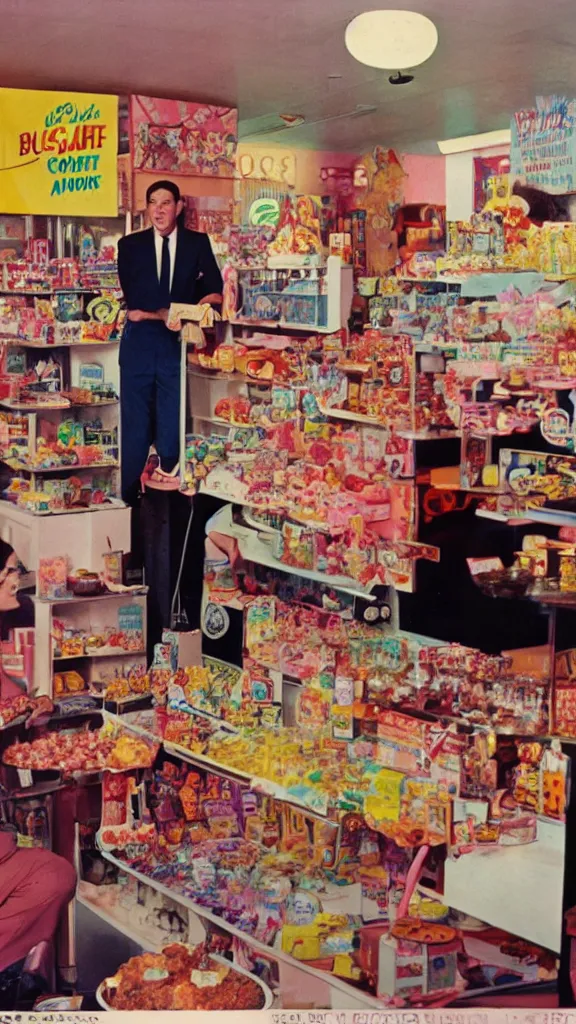 Prompt: 6 0 s photo of a business man in a candy shop on a remote island, kodachrome