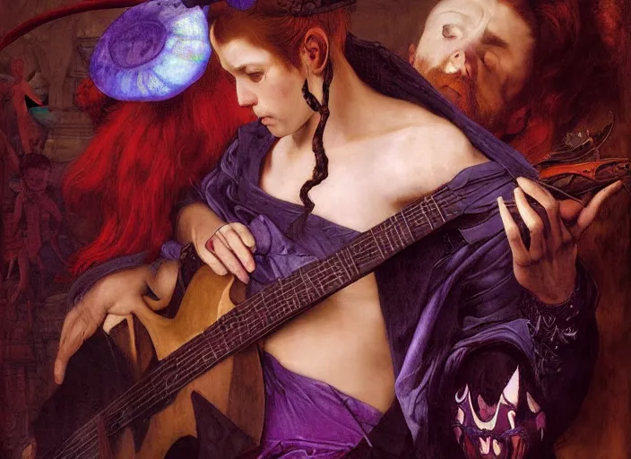 Image similar to a tiefling bard with red skin and horns, wearing purple playing guitar. edgar maxence and caravaggio and michael whelan and delacroix style, artistic, intricate painting, cinematic lighting, hyper realistic, extremely detailed, vivid colors, establishing shot, dramatic lighting