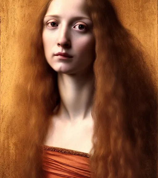 Image similar to portrait of a long - haired woman winning the lotterysitting upon a table with heightened detail, poised, intense emotion, detailed facial expression, detailed surroundings, intricate, elegant, highly detailed, centered, digital painting, artstation, concept art, smooth, sharp focus, illustration, by ( leonardo da vinci ), wlop