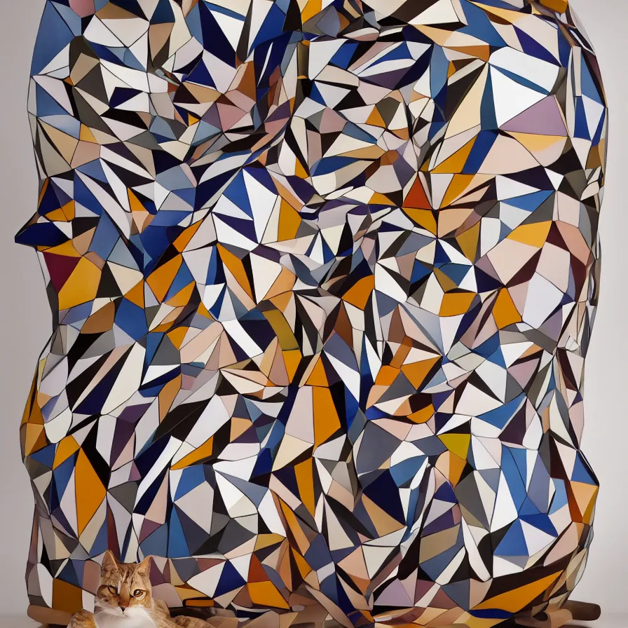 Image similar to beautiful gallery show studio photograph of a giant realistic geometric ceramic sculpture of a cat!!!!, garfield, heavily glazed by bridget riley and victor vasarely, placed on a polished wooden table, colorful hyperrealism 8 k trending on artstation