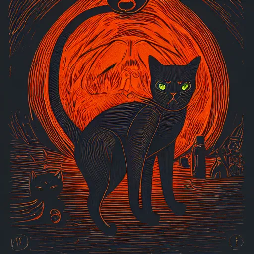 Image similar to a black terrific eldritch cat, hermaeus mora, linocut, moody, Karolis Strautniekas, Mads Berg, dramatic lighting, editorial illustration, detailed, fine texture, matte print, dynamic composition, dark orange+dark blue