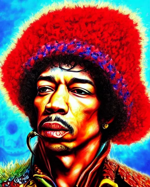 Image similar to highly detailed closeup, of jimi hendrix, dressed in a red mushroom hat and clothes, full face view, on a battlefield, hyper realistic, psychedelic, illustration, digital paint, matte paint, vivid colors, detailed and intricate environment