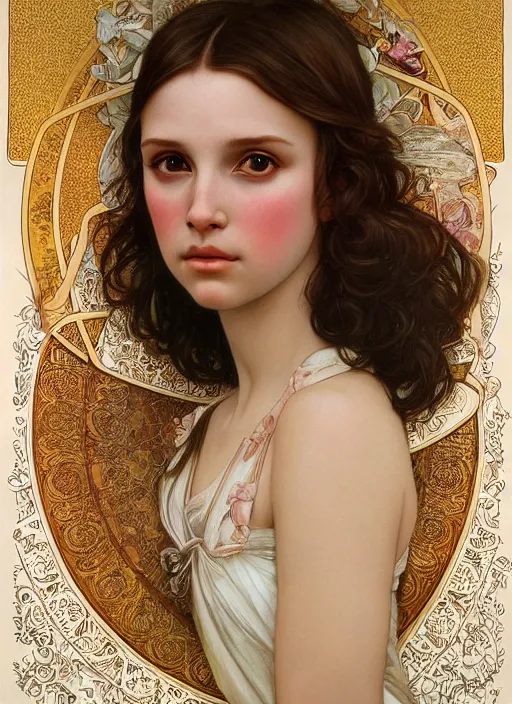 Prompt: realistic detailed painting of a 1 3 - year old girl who resembles millie bobby brown and natalie portman by alphonse mucha, ayami kojima amano, charlie bowater, karol bak, greg hildebrandt