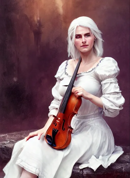 Image similar to portrait of ciri from the witcher in a white dress playing the violin. by Daniel F. Gerhartz, hyperrealistic oil painting, 4k, very detailed faces, studio lightning