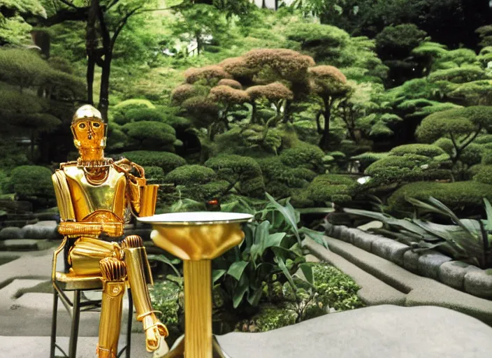 Prompt: C-3PO sitting at a bistro table in a lush japanese garden, still from star wars, shot on film, medium shot, depth of field, nature show, incredible detail, dramatic lighting