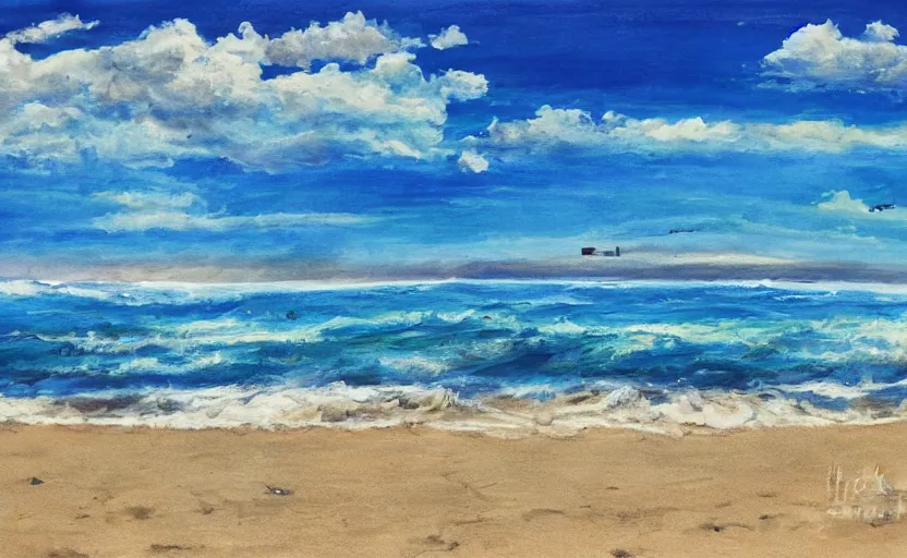 Image similar to sunny day at the beach blue sky big bomb explosion on the horizon photorealistic