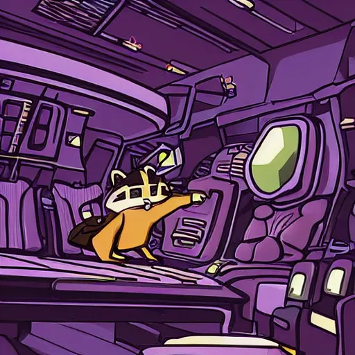Prompt: a raccoon janitor messes with the controls on a spaceship, sci-fi digital art illustration,