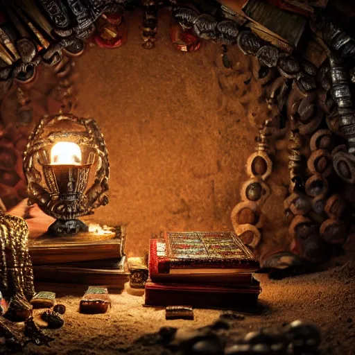 Image similar to epic vintage Photo of an ancient dark byzantine cave interior, ornate oil lamp on a pile of crystals, books covered in jewels, ornate, surrounded by strange crystals and treasure, full of sand and glitter, Indiana Jones, Tomb Raider, trending on artstation, cinematic, jewels, 35mm lens