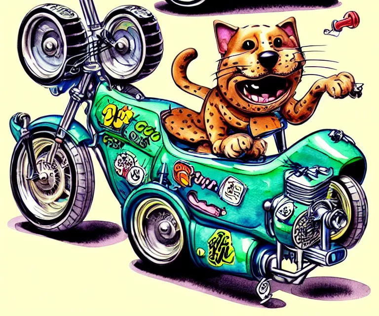 Prompt: cute and funny, dogs, cats, moto, oversized enginee, ratfink style by ed roth, centered award winning watercolor pen illustration, isometric illustration by chihiro iwasaki, the artwork of r. crumb and his cheap suit, cult - classic - comic,