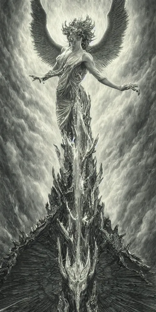 Image similar to burning wings of mighty angel lucifer falling from the heavens, elegant, beautiful, engraving, concept art, elden ring, illustration, smooth, sharp focus, by gustave dore and greg rutkowski, hyper realistic, ephemeral, dramatic lighting, fantasy art, in the style of midjourney, intricate, alphonse mucha, hyper detailed