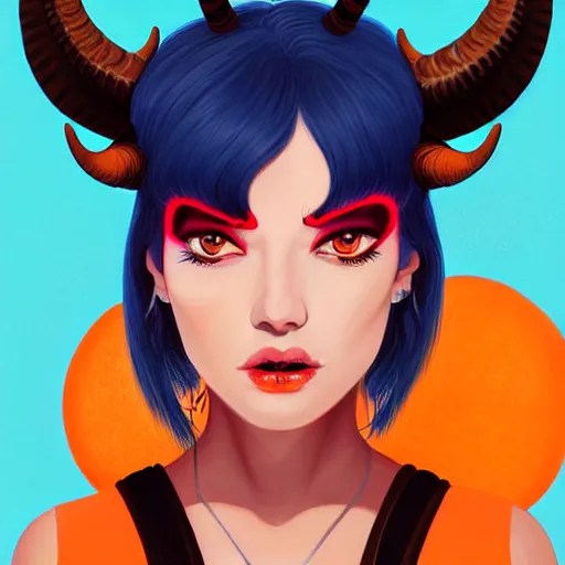 Prompt: illustrated portrait of ram-horned devil woman with blue bob hairstyle and her tangerine colored skin and with solid black eyes wearing leather by rossdraws