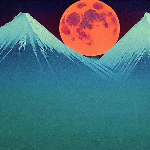 Prompt: mt elbrus at night, the moon refraction distorted edges, arkhip kuindzhi painting, teal palette