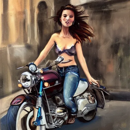 Image similar to a beautiful brunete girl in a moto, in the style of thomas saliot