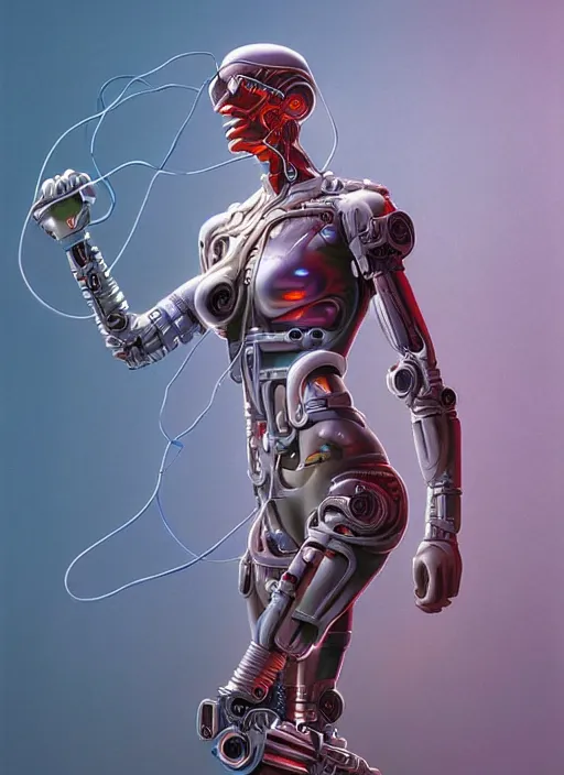 Prompt: a cyborg woman connected by cables bathed in a liquid by Michael Whelan and Tristan Eaton, highly detailed, trending on artstation