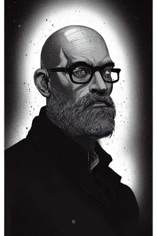 Prompt: Portrait of a handsome older bald man, with a patrician nose, black rimmed glasses, and a salt&pepper goatee, neon light by Laurie Greasley and Greg Rutkowski and Gustave Doré, digital painting, highly detailed, trending on artstation