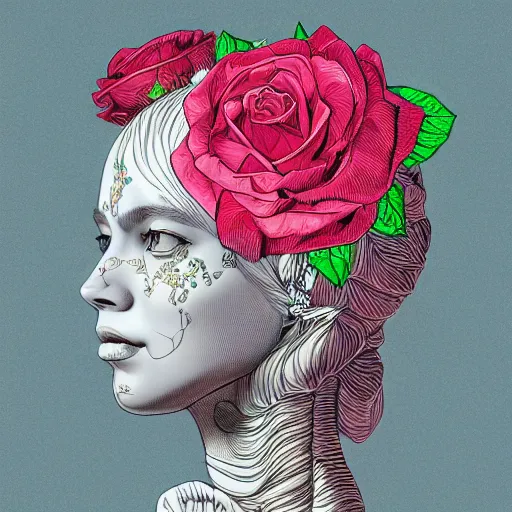 Prompt: the anatomy of a head of lettuce with roses that resemble a beautiful teen girl, an ultrafine detailed illustration by james jean, intricate linework, bright colors, final fantasy, behance contest winner, vanitas, angular, altermodern, unreal engine 5 highly rendered, global illumination, radiant light, detailed and intricate environment