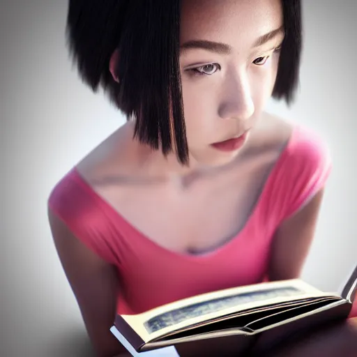 Image similar to a girl reading a book, modelsociety, radiant skin, huge anime eyes, RTX on, perfect face, intricate, Sony a7R IV, symmetric balance, polarizing filter, Photolab, Lightroom, 4K, Dolby Vision, Photography Award