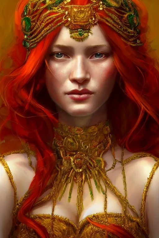 Image similar to Highly detailed painting of a beautiful young woman with long red hair by Craig Mullins and Ross Tran, subtle smile, wearing a fancy dress, Golden fabric Background, Golden thread, intricate patterns, Emerald Earrings, ambient lighting, Trending on artstation, pinterest, cgsociety, 4k, 8k, HDR, award winning, unreal engine