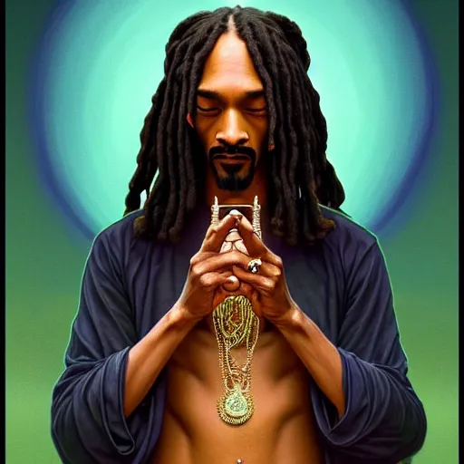 Image similar to intense portrait of the snoop dog meditating in lotus position while smoking a joint, intricate, elegant, highly detailed, my rendition, digital painting, artstation, concept art, smooth, sharp focus, illustration, art by artgerm and greg rutkowski and alphonse mucha
