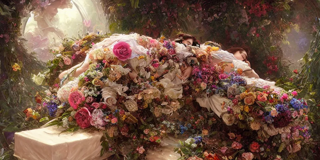 Image similar to an elaborate coffin with a mysterious sleeping beauty holding a large bouquet of flowing flowers,, fantasy, regal, intricate, by stanley artgerm lau, greg rutkowski, thomas kindkade, alphonse mucha, loish, norman rockwell