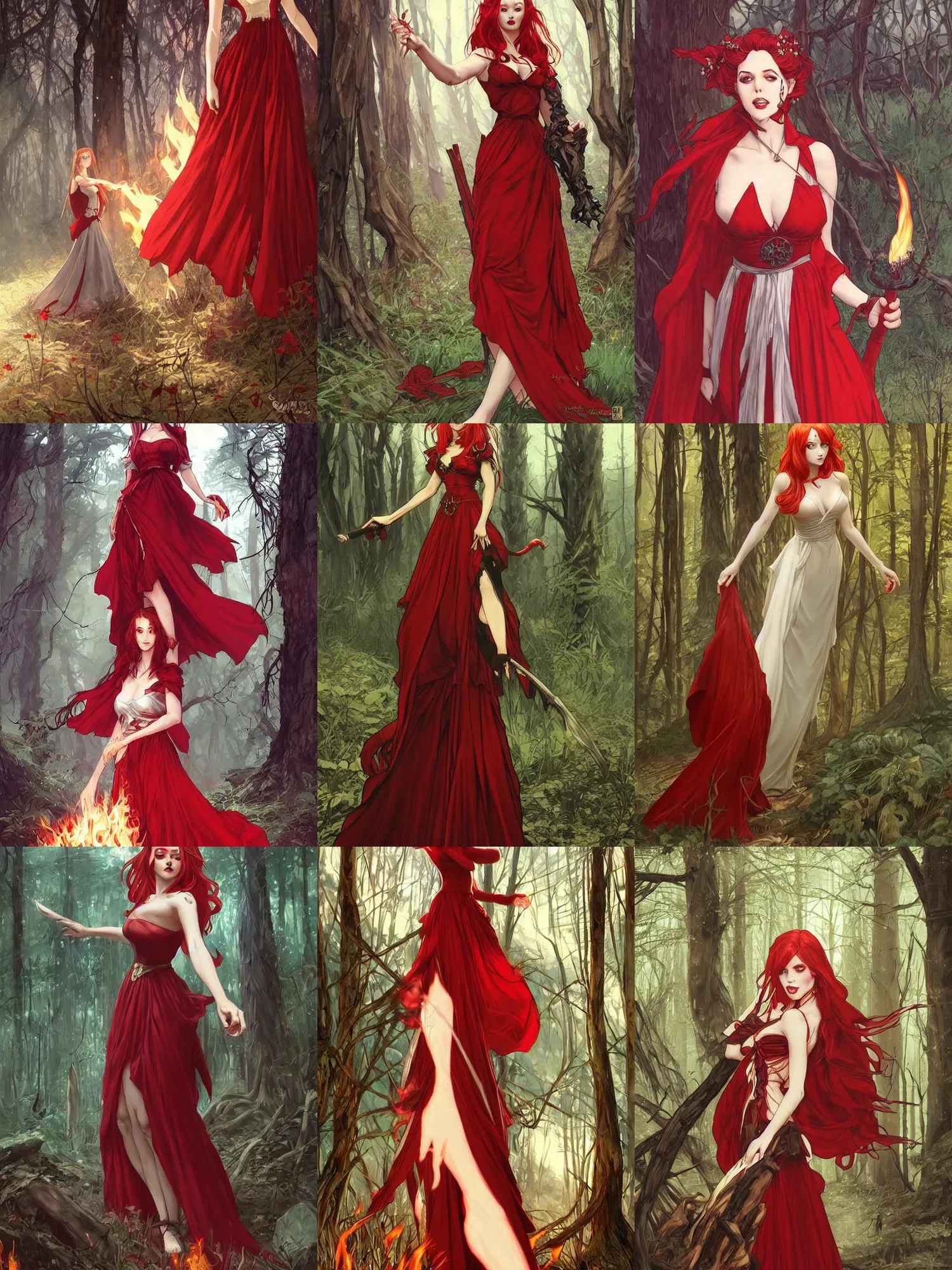 Prompt: picture of an evil female pyromancer in the woods, elegant red dress, long skirt, detailed face, white skin, red hair, red lipstick, blue eyes, fire everywhere, high fantasy, dnd, highly detailed, manga illustration, by artgerm, greg rutkowski, alphonse mucha