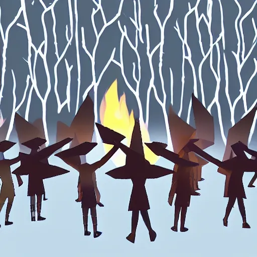 Prompt: low poly forest with a cult performing a ritual with a bonfire where a goat flies