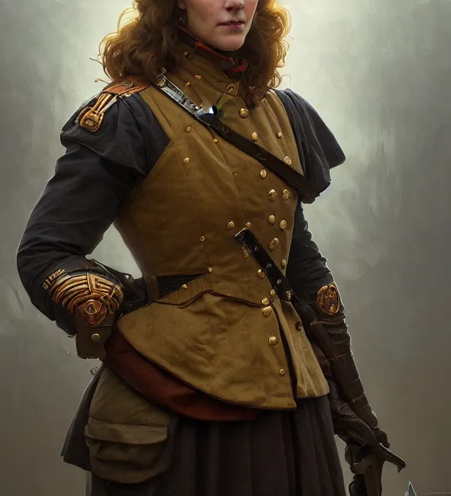 Image similar to portrait of a dutch woman wearing a traditional nineteenth century dutch republic military jacket, metal shoulder pauldrons, intricate, highly detailed, digital painting, artstation, concept art, sharp focus, cinematic lighting, illustration, art by artgerm and greg rutkowski, alphonse mucha, cgsociety