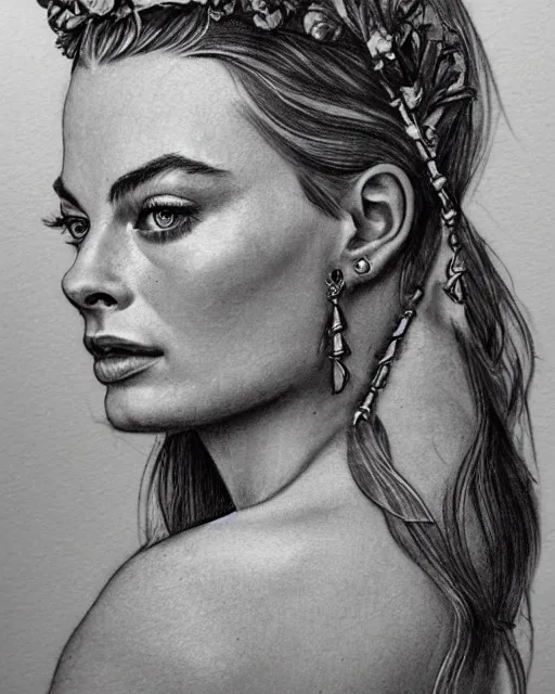 Image similar to realism tattoo sketch of margot robbie as a beautiful greek goddess aphrodite with piercing eyes wearing a laurel wreath and triangle earrings, in the style of greg rutkowski, amazing detail