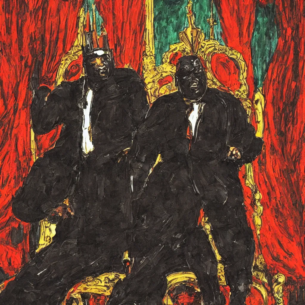 Image similar to style of frank miller, portrait of big black man sitting on throne, background made of big curtains