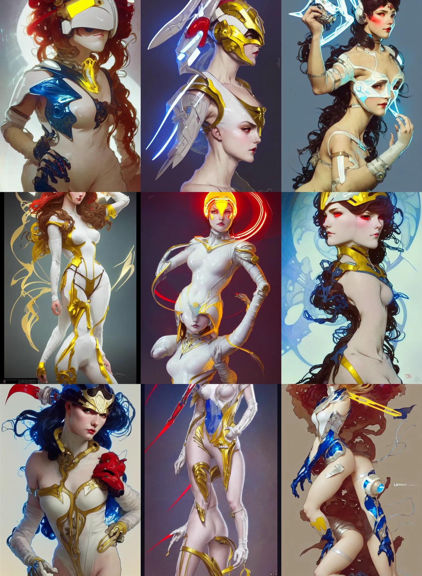 Image similar to a character design by artgerm, greg rutkowski and alphonse mucha. sci - fi dagger. laser white and yellow tape and red translucent plastic tape project show attctive showgirl!! sci - fi helmet electric blue eyes!! sharp edges. contour light effect!! ultra detailed, elegant, intricate, octane render.